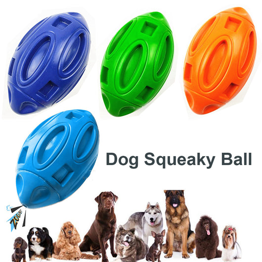 Green rubber rugby-shaped dog toy with textured surface and cut-outs, designed for chewing and play.