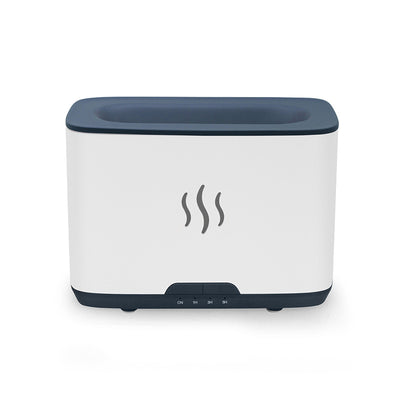 Dark gray rectangular aromatherapy humidifier with an orange flame-like mist and three essential oil bottles. - Image 12