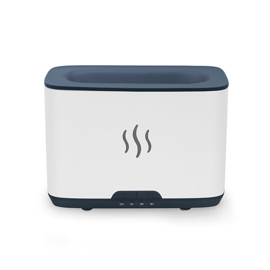 Dark gray rectangular aromatherapy humidifier with an orange flame-like mist and three essential oil bottles. - Image 12