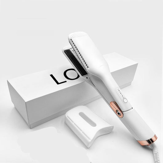 Black two-in-one hot air hair curler and straightener with a protective cap, temperature settings, and power button.