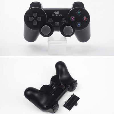 Black wireless Android gamepad with dual analog sticks, D-pad, and face buttons, shown with dimensions. - Image 7