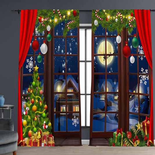 Digital printed Christmas curtains with a festive garland design, red ornaments, bows, and berries, on a white background. - Image 2
