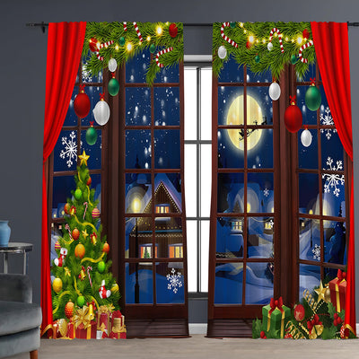 Digital printed Christmas curtains with a festive garland design, red ornaments, bows, and berries, on a white background. - Image 2