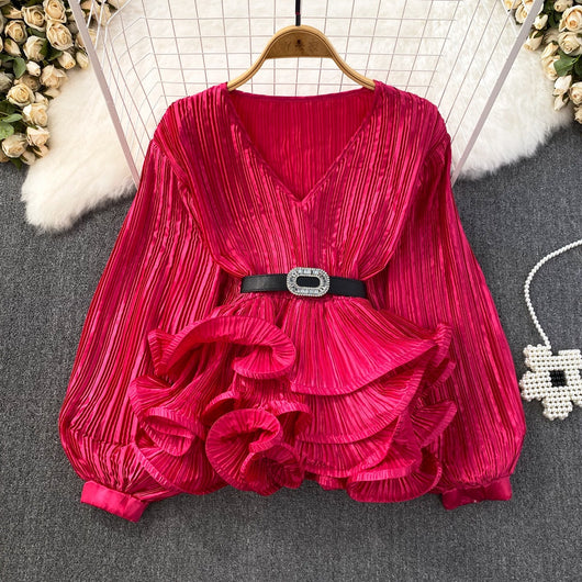 Blusa Suelta con Cuello V, Mangas Largas y Volantes en Bajo - Image 20
