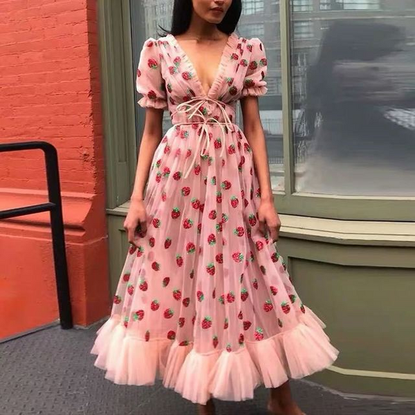 Vestido de Fiesta Strawberry con Lentejuelas y Malla