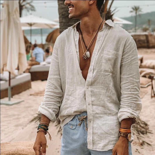 Camisa de Botones Manga Larga Algodón y Lino Estilo Explosion para Hombre