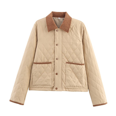 Chaqueta Corta de Algodón Cuello Solapa Diseño Cuadros Diamante Otoño Invierno - Image 5