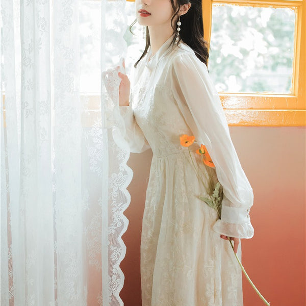 Vestido Cheongsam de Encaje con Falda Larga Estilo Hada