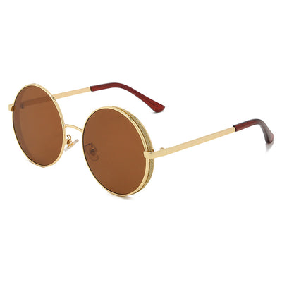 Round gold metal frame sunglasses with brown lenses and glitter detail on the outer rim, featuring dark red temple tips. - Image 6