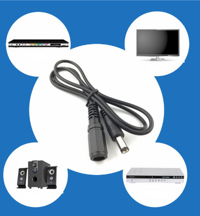 Black 5M DC power extension cable with 5.5mm x 2.1mm male and female connectors for CCTV and other devices.