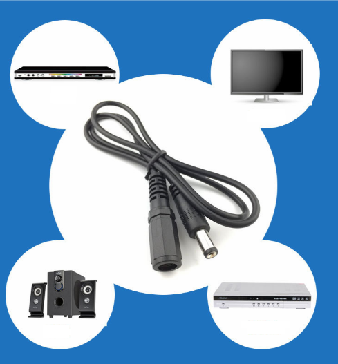 Black 5M DC power extension cable with 5.5mm x 2.1mm male and female connectors for CCTV and other devices.