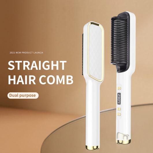 Two white and gold electric hot combs, one larger with a textured panel and one smaller with a digital temperature display. - Image 4