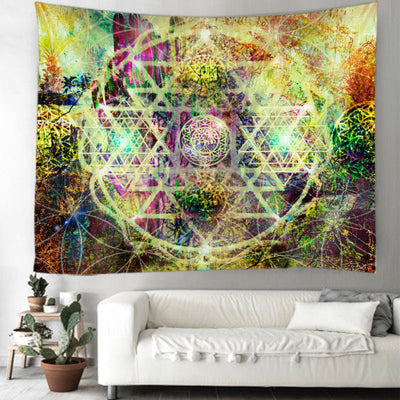 Vibrant multicolored tapestry with a geometric sacred geometry pattern, including Metatron's Cube and Flower of Life, above a bed. - Image 10