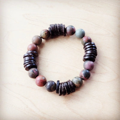 Pulseira Elástica de Jaspe Picasso Genuíno e Madeira 810p