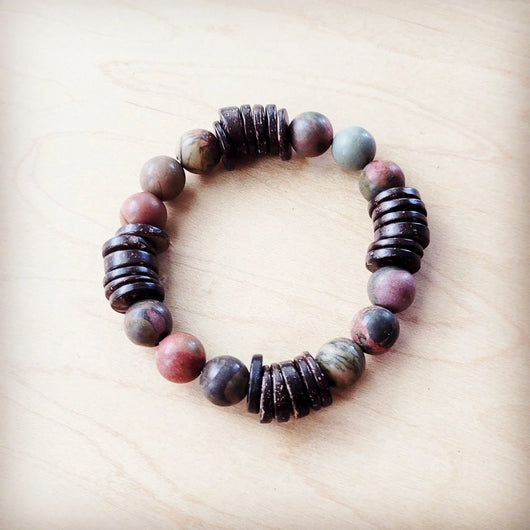 Pulseira Elástica de Jaspe Picasso Genuíno e Madeira 810p