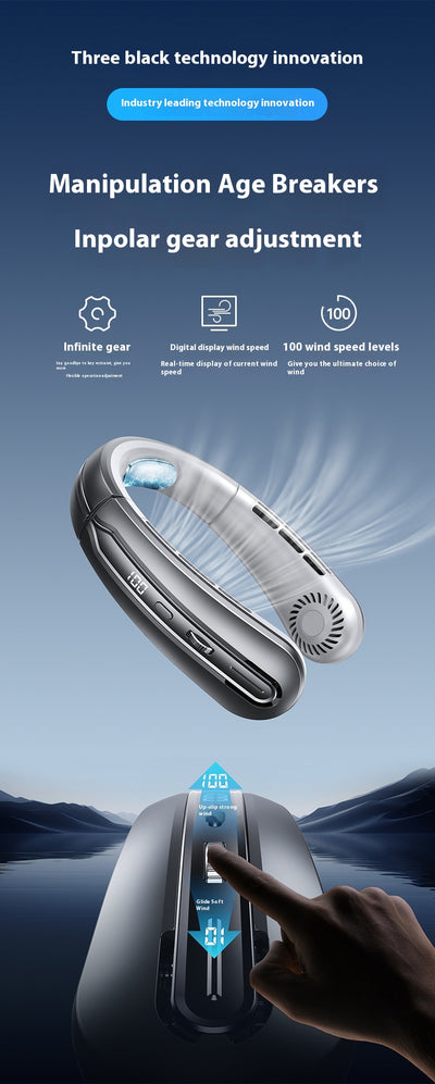 Ocean blue portable neck fan with digital display, showing 100 fan speed, designed for outdoor sports and personal cooling. - Image 15