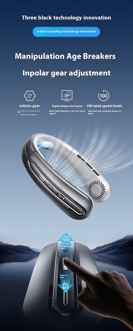 Ocean blue portable neck fan with digital display, showing 100 fan speed, designed for outdoor sports and personal cooling. - Image 15