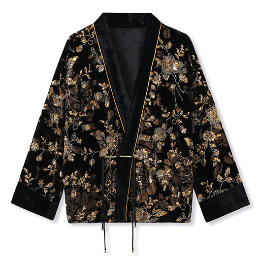 Cardigan Bordado de Lujo Estilo Nacional - Flores Quemadas con Cuentas V-Neck - Image 5