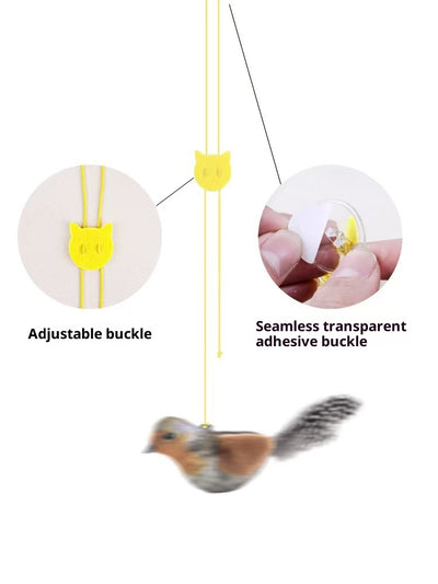 Plush bird cat toy with orange chest, brown body, and real speckled feathers, includes a yellow hanging rope. - Image 14
