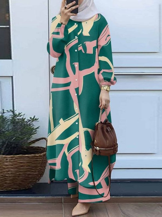 Traje Musulmán Dos Piezas Retro - Camisa Larga y Pantalón Ancho Primavera Otoño - Image 2