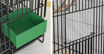 Black double-layer metal bird cage with multiple perches, green food/water dishes, and toys, housing several colorful birds. - Image 8