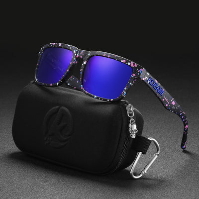Men's and women's dazzling blue and black striped polarized sunglasses with gray lenses and a black case. - Image 10