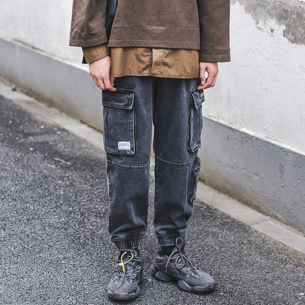 Pantalones Cargo Denim Desgastado con Cordón Ajustable