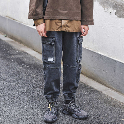 Pantalones Cargo Denim Desgastado con Cordón Ajustable
