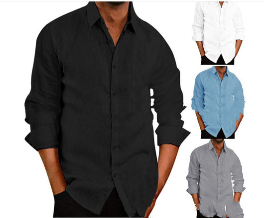 Camisa Manga Larga de Algodón y Lino para Hombre - Cuello Solapa Color Sólido - Image 10