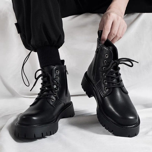 Botas Negras de Cuero para Hombre con Cierre Lateral y Plataforma Elevada