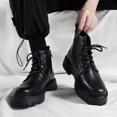 Botas Negras de Cuero para Hombre con Cierre Lateral y Plataforma Elevada