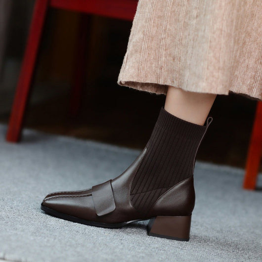 Zapatos de Cuero Suave con Tacón Medio y Punta Cuadrada - Marrón - Image 9