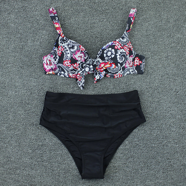 Olive green floral print bikini top with tie-front and solid high-waisted ruched bottoms on a grey background. - Image 3