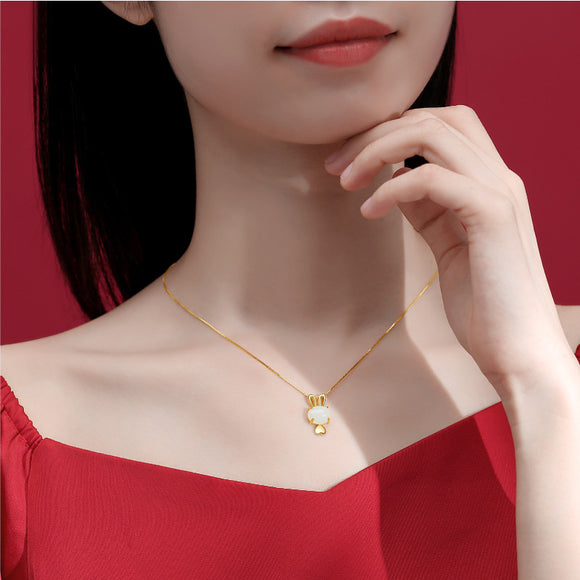 Collar Colgante Conejo de Jade Hetian Natural en Plata S925