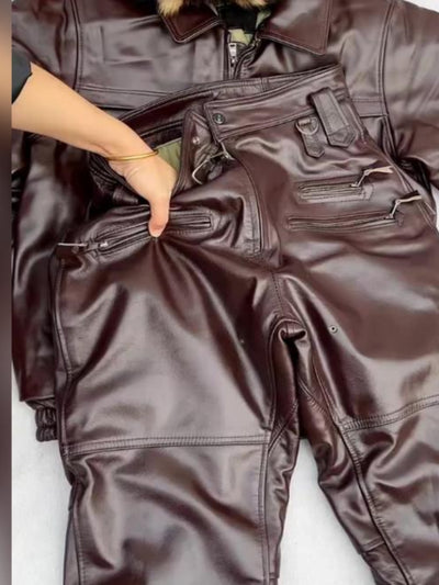 Pantalón de Cuero Gamuza Marrón Corte Holgado Efecto Estilizador - Image 8