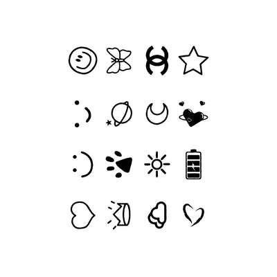 Sheet of 24 black outline doodle temporary tattoo stickers including a bow, heart, crown, sun, stars, and flowers. - Image 5