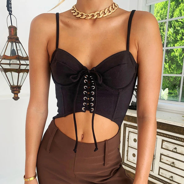 Blusa Corta Tipo Halter con Encaje y Cordones