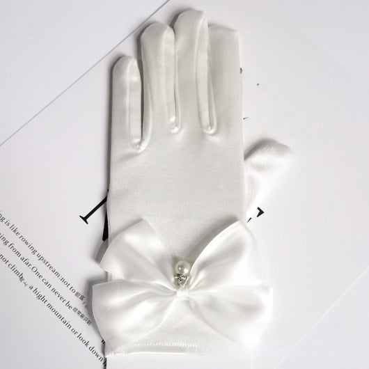 Guantes de Satén para Novia con Moño y Perlas Colgantes Estilo Princesa - Image 5