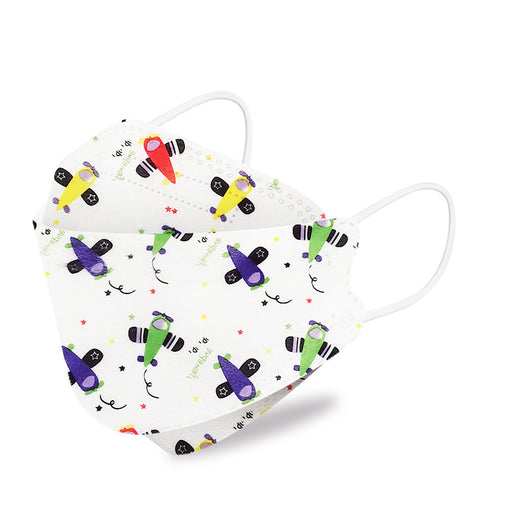 White children's KN95 mask with a cute cartoon pattern of blue bunnies, pink bears, trees, and flowers. - Image 16