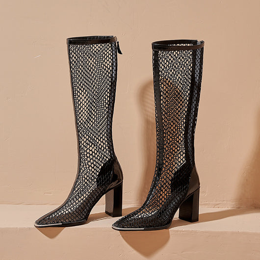 Botas de Tacón Robusto con Malla Trasera y Cierre - Negro - Image 5