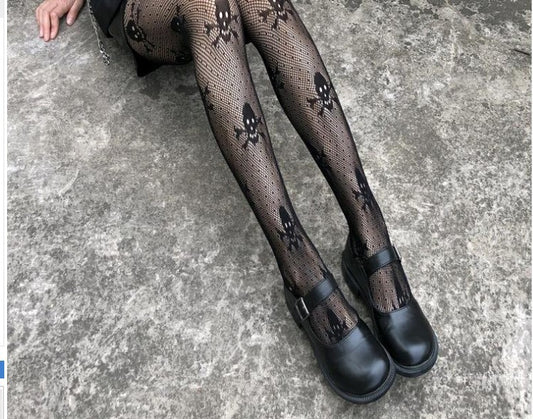 Medias de Malla Negra con Calavera para Mujer - Calcetines Halloween Fishnet