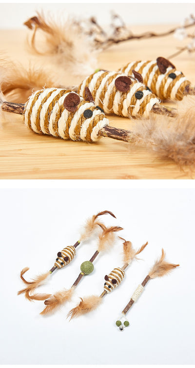 Feather and sisal cat toy with a wooden stick, green sisal ball, and brown feathers for molar cleaning. - Image 12