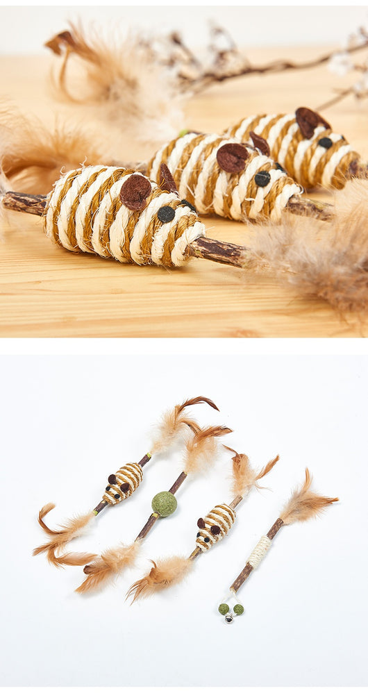Feather and sisal cat toy with a wooden stick, green sisal ball, and brown feathers for molar cleaning. - Image 12