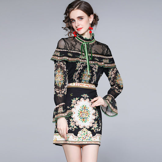 Conjunto de Dos Piezas: Blusa de Gasa con Cuello Mao y Estampado de Moño + Falda - Image 7