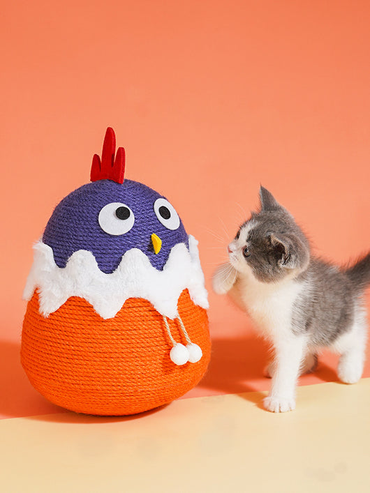 Purple and orange cotton rope cat toy shaped like a chick hatching from an egg with white faux fur trim. - Image 5