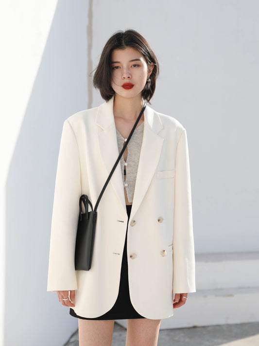 Blazer Blanco Oversize Doble Botonadura para Mujer - Largo Medio