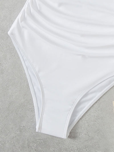 White one-piece swimsuit with a deep V-neck and ruffled shoulder straps, featuring a solid pure color design. - Image 12