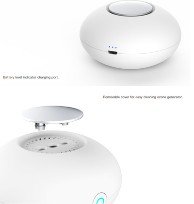 White mini ozone generator and air purifier with a round, compact design and a green indicator light. - Image 8