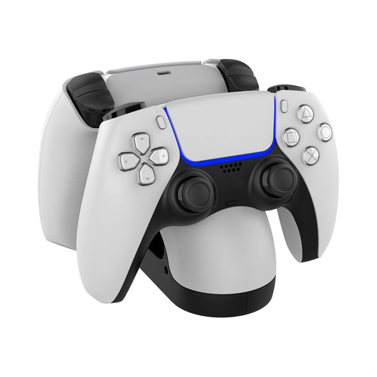 White and black dual charging dock for PS5 gamepads with contact-type charging and illuminated controller icons. - Image 4