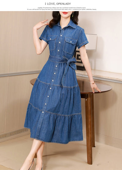 Vestido Camisero de Algodón con Falda Larga y Detalle Denim - Image 13